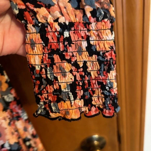 Spring Floral Wrap Dress Scrunch Sleeve Easter Orange Pink Blue Flowers - Picture 7 of 9